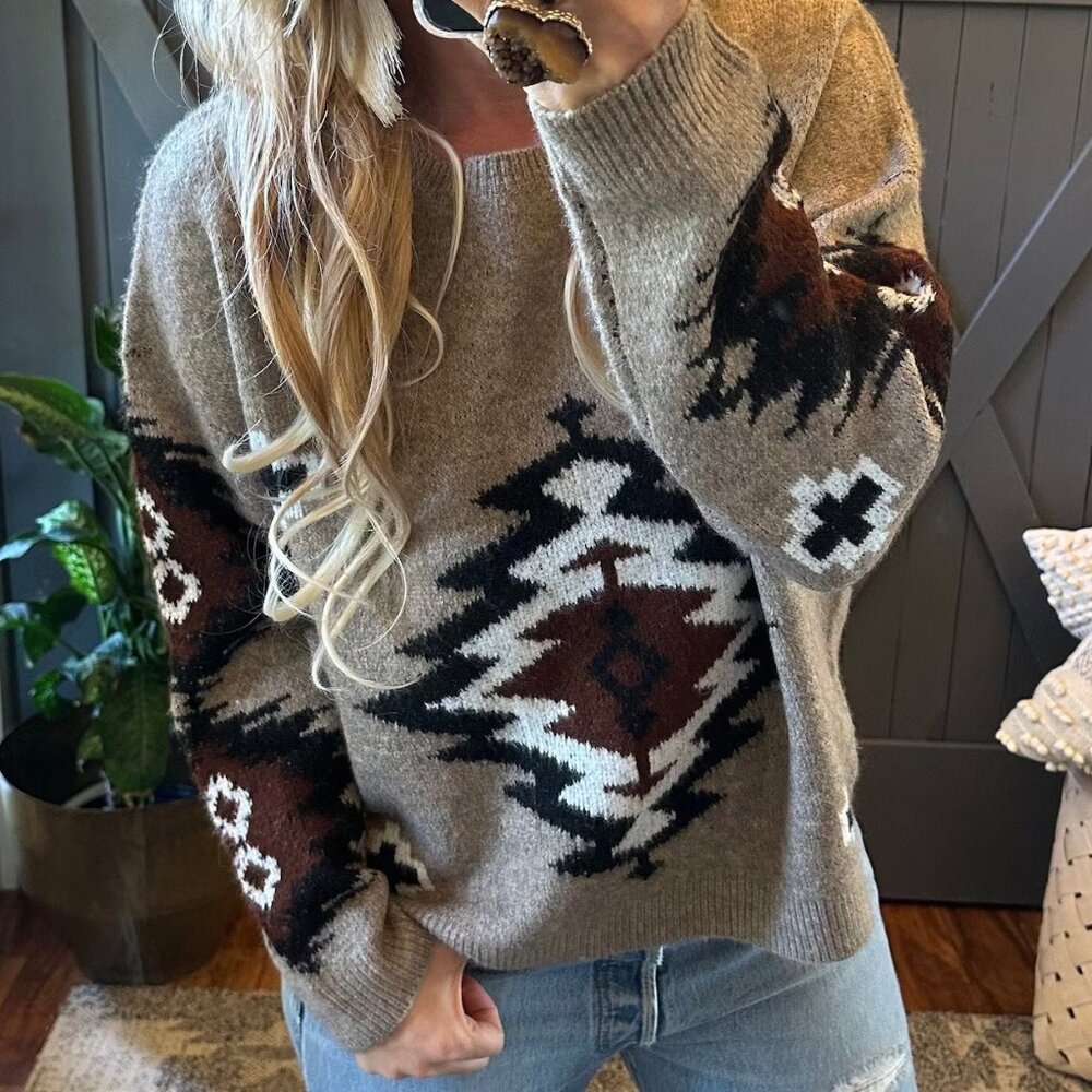 Aztec Printed Pullover Crew Neck Long Sleeve Sweater